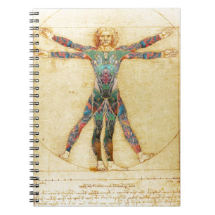 Caderno Espiral Homem do Vitruvian de da Vinci com tatuagens