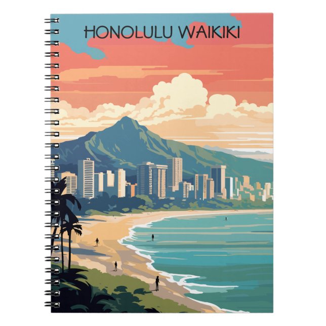 Caderno Espiral Honolulu Waikiki Beach Hawaii Panorama View Beach (Frente)