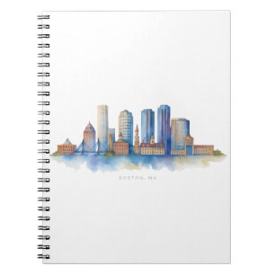 Caderno Espiral Horizonte de Boston em Aquarela   Moderno Boston M