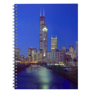 Caderno Espiral Horizonte de Chicago, Illinois, à noite com Chicag