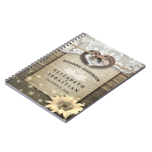Caderno Espiral Horserradura Madeira de girassol Casamento de camp (Left Side)