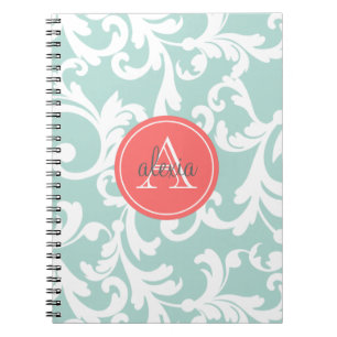 Caderno Espiral Hortelã e impressão Monogrammed coral do damasco