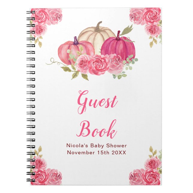 Caderno Espiral Hot Pink Floral Pumpkins Baby Shower Guest Book (Frente)