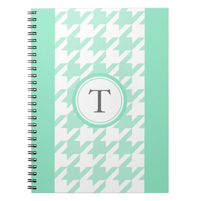 Caderno Espiral houndstooth à moda de água-marinha com monograma (Frente)