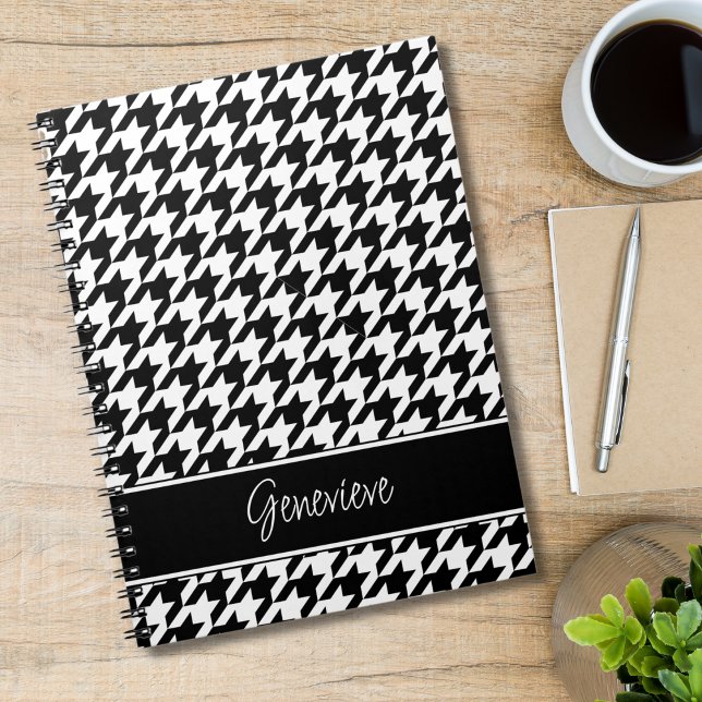 Caderno Espiral Houndstooth Branco e Preto Clássico Personalizado (Criador carregado)