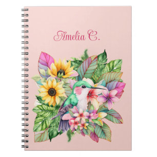 Caderno Espiral Hummingbird e flores tropicais
