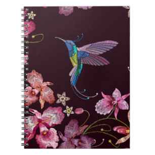 Caderno Espiral Hummingbird e orquídea, moda sem costura tropical.