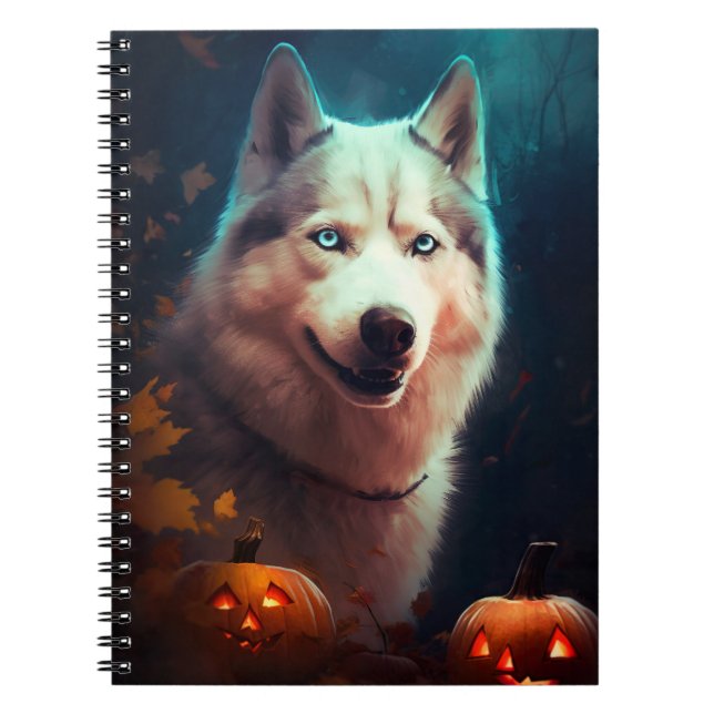 Caderno Espiral Husky Siberiano de Halloween com Abóboras Assustad (Frente)