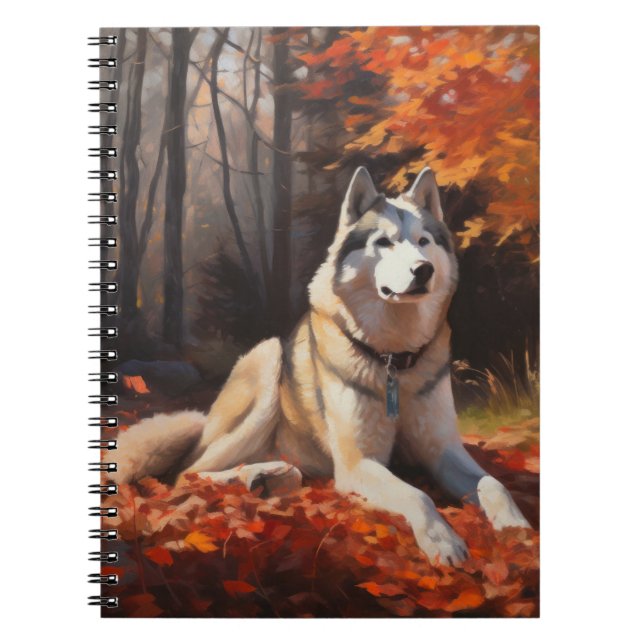 Caderno Espiral Husky Siberiano nas Folhas do outono cai inspirado (Frente)