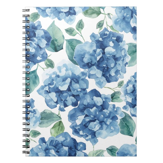 Caderno Espiral Hydrangea Blues | Padrão de Flor de Flores em Aqua (Frente)