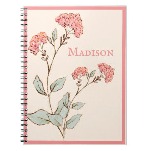 Caderno Espiral Hydrangea bonito rosa Nome Personalizado Floral