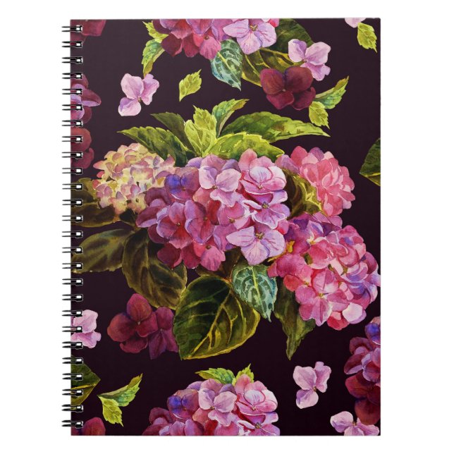 Caderno Espiral Hydrangea, padrão floral escuro e perfeito. (Frente)