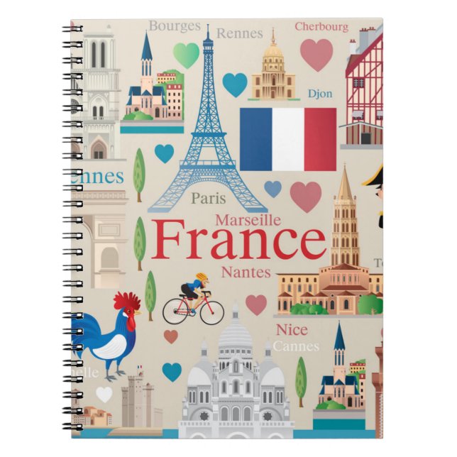 Caderno Espiral Ícones bonitos de France (Frente)