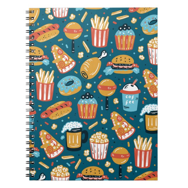 Caderno Espiral Ícones de Fast Food Vintage em Padrão Contínuo. Re (Frente)