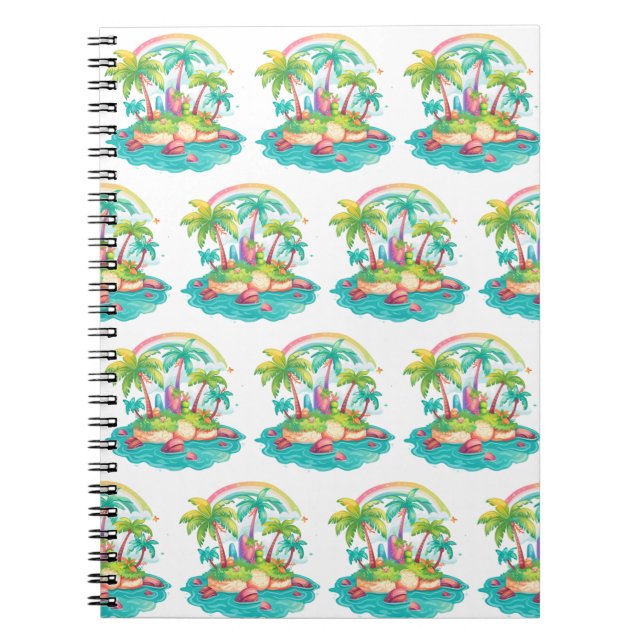 Caderno Espiral Ilha Tropical com Palmeiras e Arco-Íris (Frente)