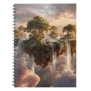 Caderno Espiral Ilhas Flutuantes Surreais com Quedas de Água