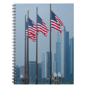 Caderno Espiral Illinois, Chicago. Navy Pier, bandeiras dos EUA ha