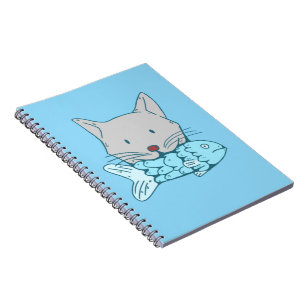 Caderno Espiral Illustration of a cat eating fish.