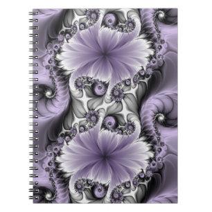 Caderno Espiral Ilusão Lilás Arte Floral Abstrata Fantasia Fractal