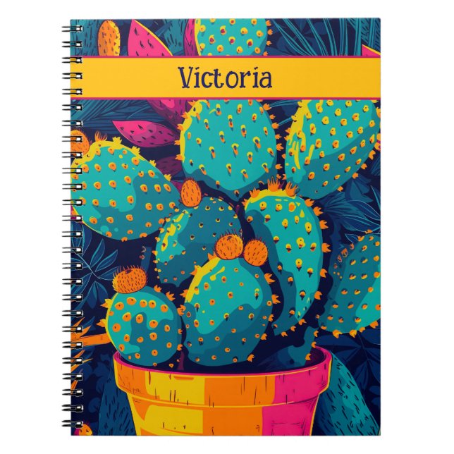 Caderno Espiral Ilustração Brilhante de Neon Cactus Vibrant no Sud (Frente)