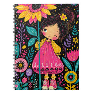 Caderno Espiral Ilustração Caprichosa de Menina Floral Colorido Fo