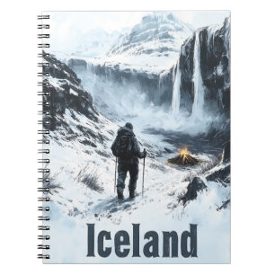 Caderno Espiral Ilustração da Paisagem Islandesa e de um Mochileir
