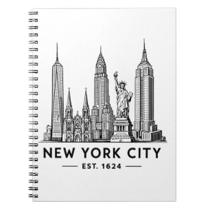 Caderno Espiral Ilustração da Silhueta de Nova York com Estátua da