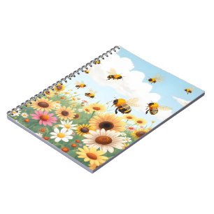 Caderno Espiral Ilustração de abelhas e flores fofas