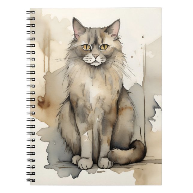 Caderno Espiral Ilustração de Aquarela de Maine Coon (Frente)