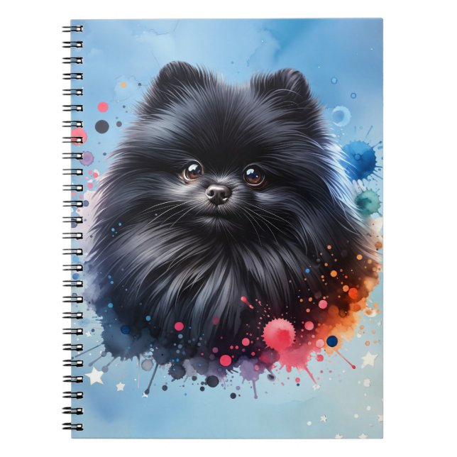 Caderno Espiral Ilustração de aquarela pomeraniana preta (Frente)