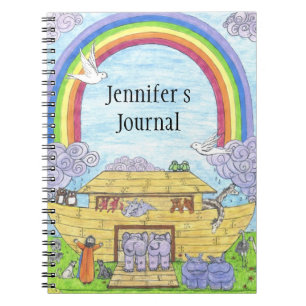 Caderno Espiral Ilustração de Arca de Cute Noah elefantes hippos c