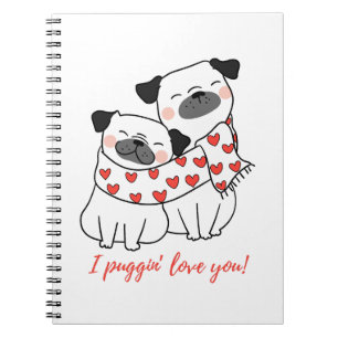 Caderno Espiral Ilustração de casal de pug fofo com corações