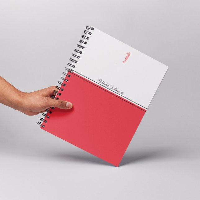 Caderno Espiral Ilustração de cavalo marinho vermelho nome da vida (Criador carregado)