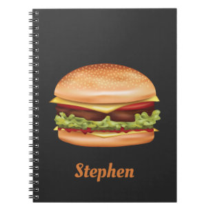 Caderno Espiral Ilustração de Comida Rápida Hamburger com Nome Per