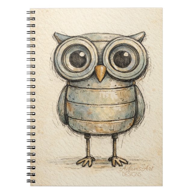 Caderno Espiral Ilustração de Coruja Whimsical Steampunk (Frente)