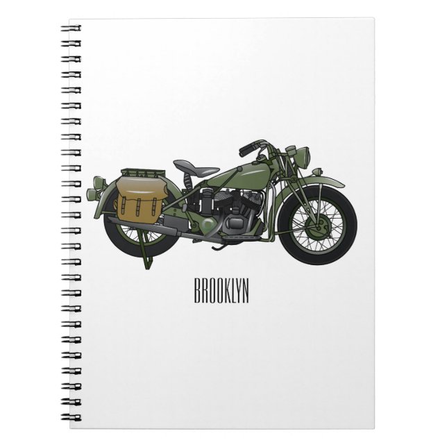 Caderno Espiral Ilustração de desenho animado de motocicleta milit (Frente)