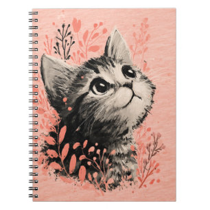 Caderno Espiral Ilustração de gatinho com sutil acento botânico
