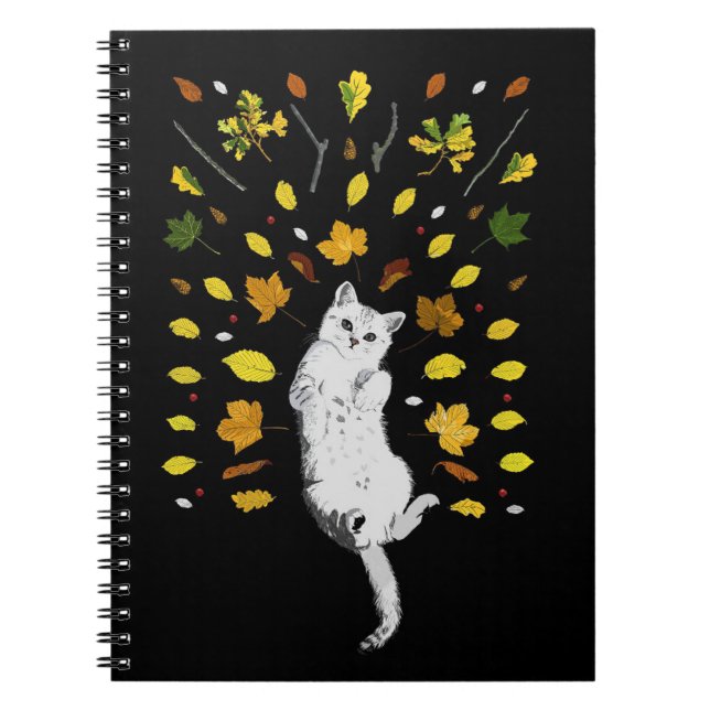Caderno Espiral Ilustração de gato branco com folhas de outono (Frente)