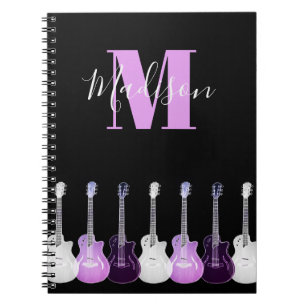 Caderno Espiral Ilustração de guitarra acústica com monograma rosa