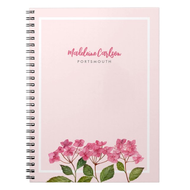 Caderno Espiral Ilustração de Hortênsias Lacecaps em Aquarela Rosa (Frente)