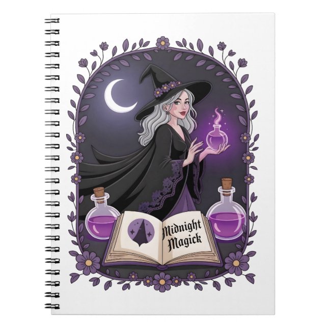 Caderno Espiral Ilustração de Magia da Meia-Noite de uma Jovem Bru (Frente)