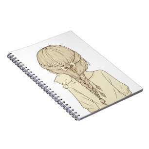 Caderno Espiral Ilustração de Menina com Trança e Gato – Pastel Su