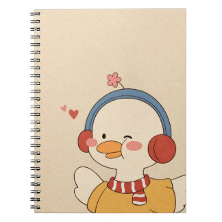 Caderno Espiral Ilustração de Pato Kawaii Fofo com Fones de Ouvido