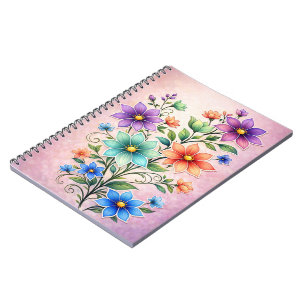 Caderno Espiral Ilustração de Spray Floral Multicolorido Vibrante