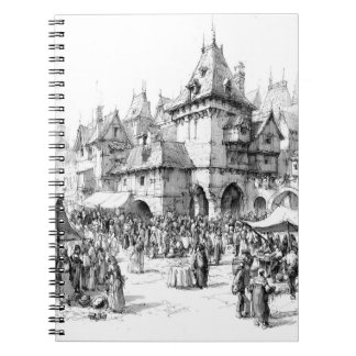 Caderno Espiral Ilustração de Tinta de Cidade do Mercado Medieval