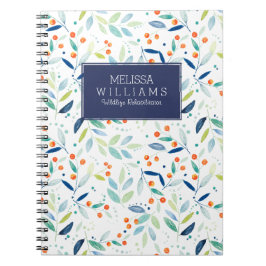 Caderno Espiral Ilustração do Padrão de Folhas Botânicas e Berries