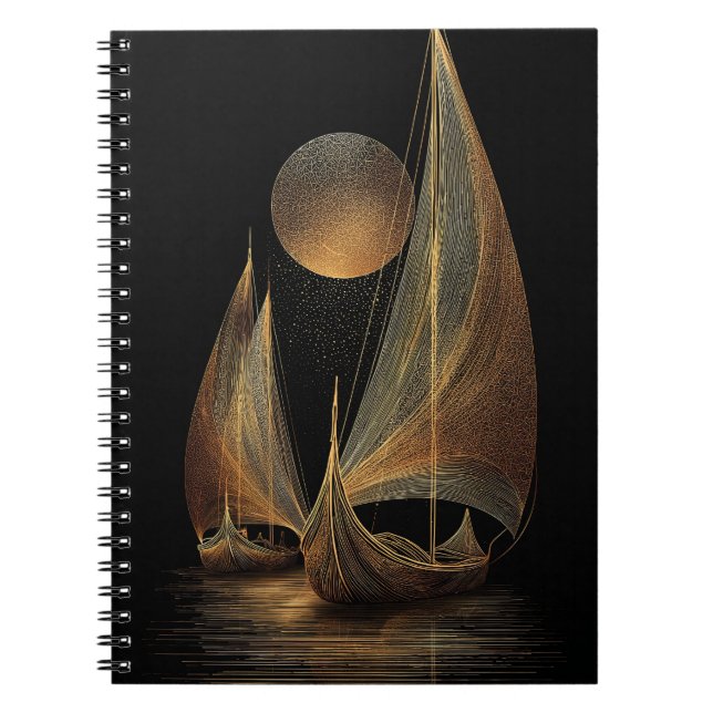 Caderno Espiral Ilustração Dourada Elegante de Arte de Palangres (Frente)