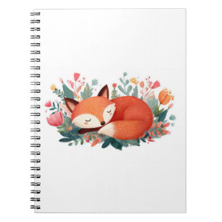 Caderno Espiral Ilustração Fofa da Raposa Adormecida Floral