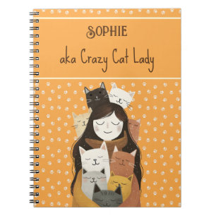 Caderno Espiral Ilustração Louca de Senhora de Gato com Nome Engra
