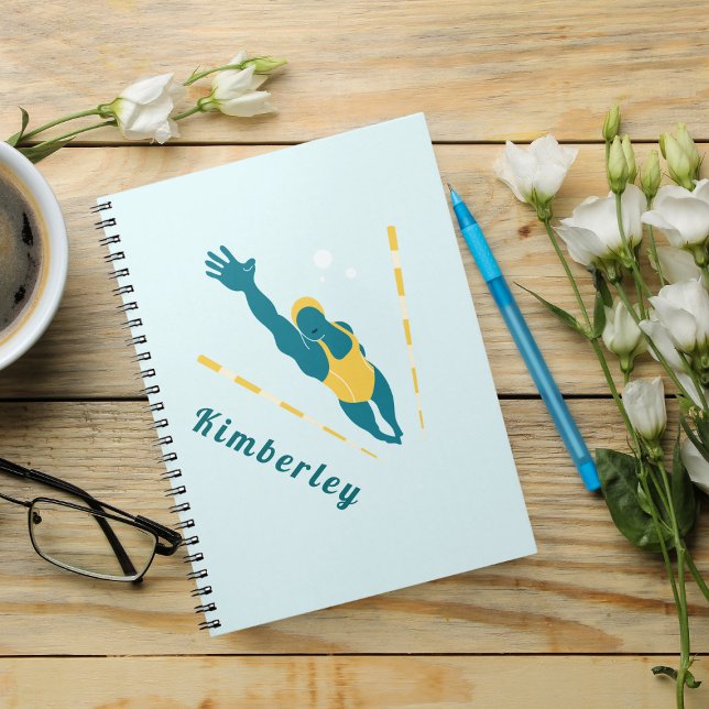 Caderno Espiral Ilustração Nadadora Nadação Nome Personalizado Esp (Criador carregado)